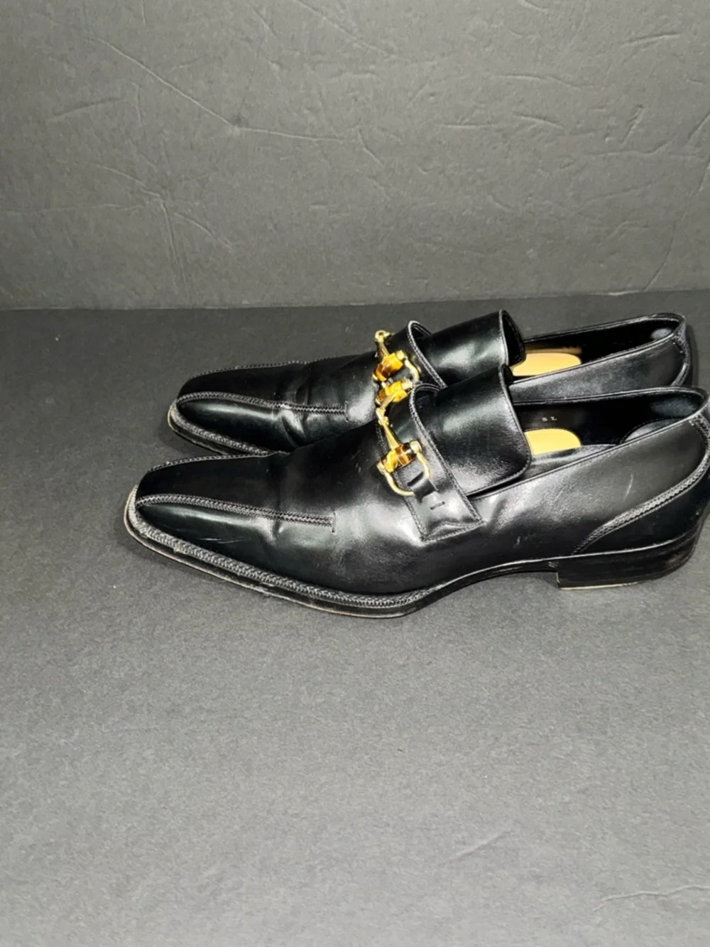 Gucci Black Leather Horsebit Square-Toe Loafers